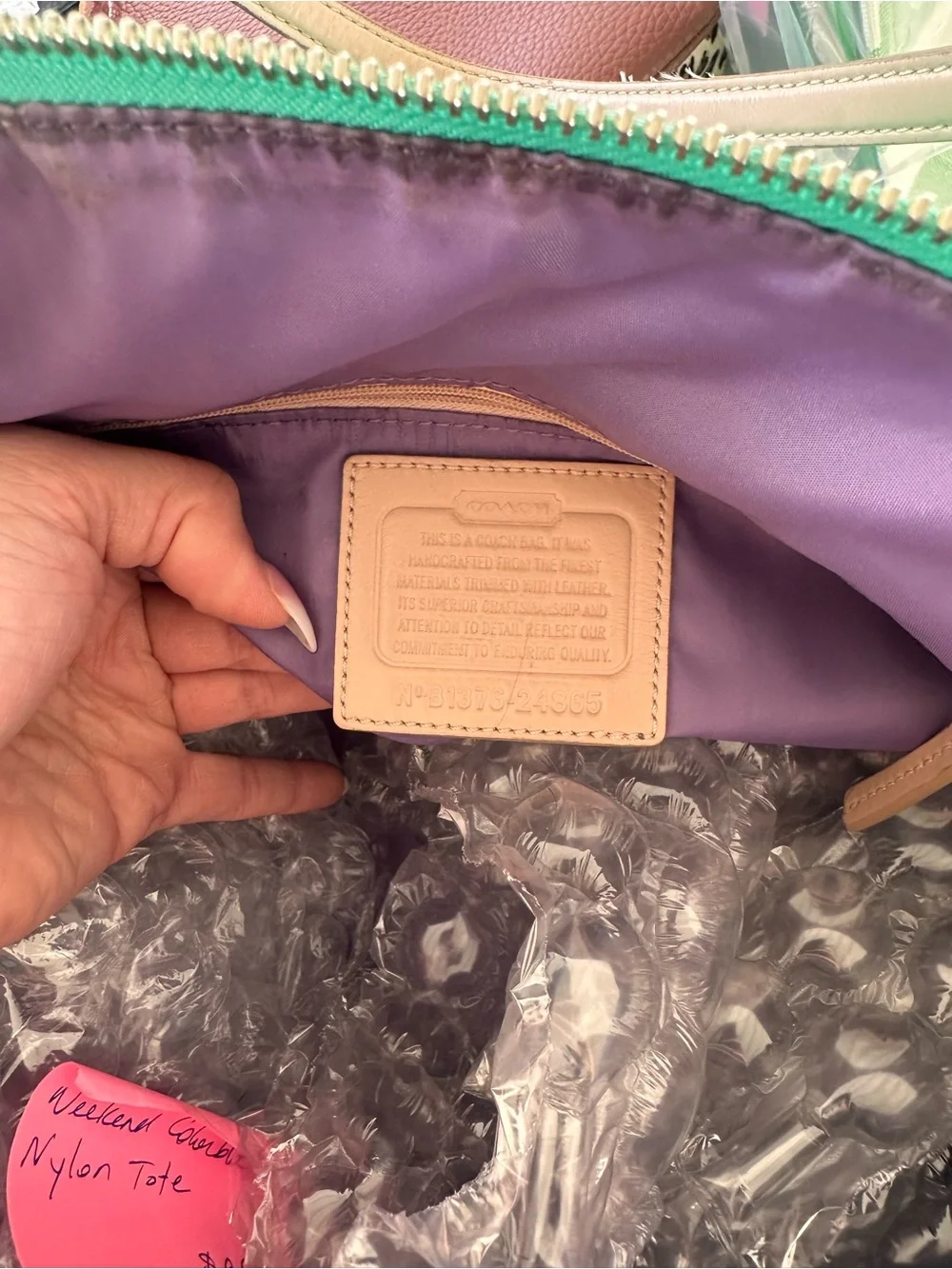 Coach Green Nylon Tote with Tan Handles and Navy Base